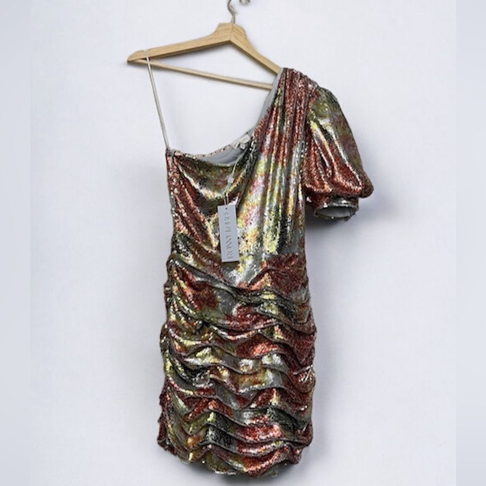 Ronny Kobo Multicolor Sequin Mini Dress One Shoulder Ruched Bodycon Large - Picture 2 of 14